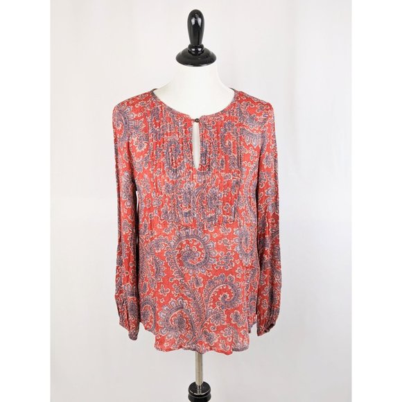 Maroon Paisley Print Peasant Blouse Flowy Pleated Casual Top Balloon Sleeves - Picture 8 of 9
